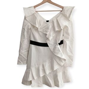 Self-Portrait Long Sleeve White Asymmetric Ruffle Jacquard Mini Dress 6 Formal